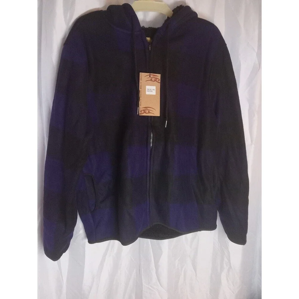 Large Men's Thicken Sherpa Lined Checkered Flannel Hoodie Shirt Jacket Purple &